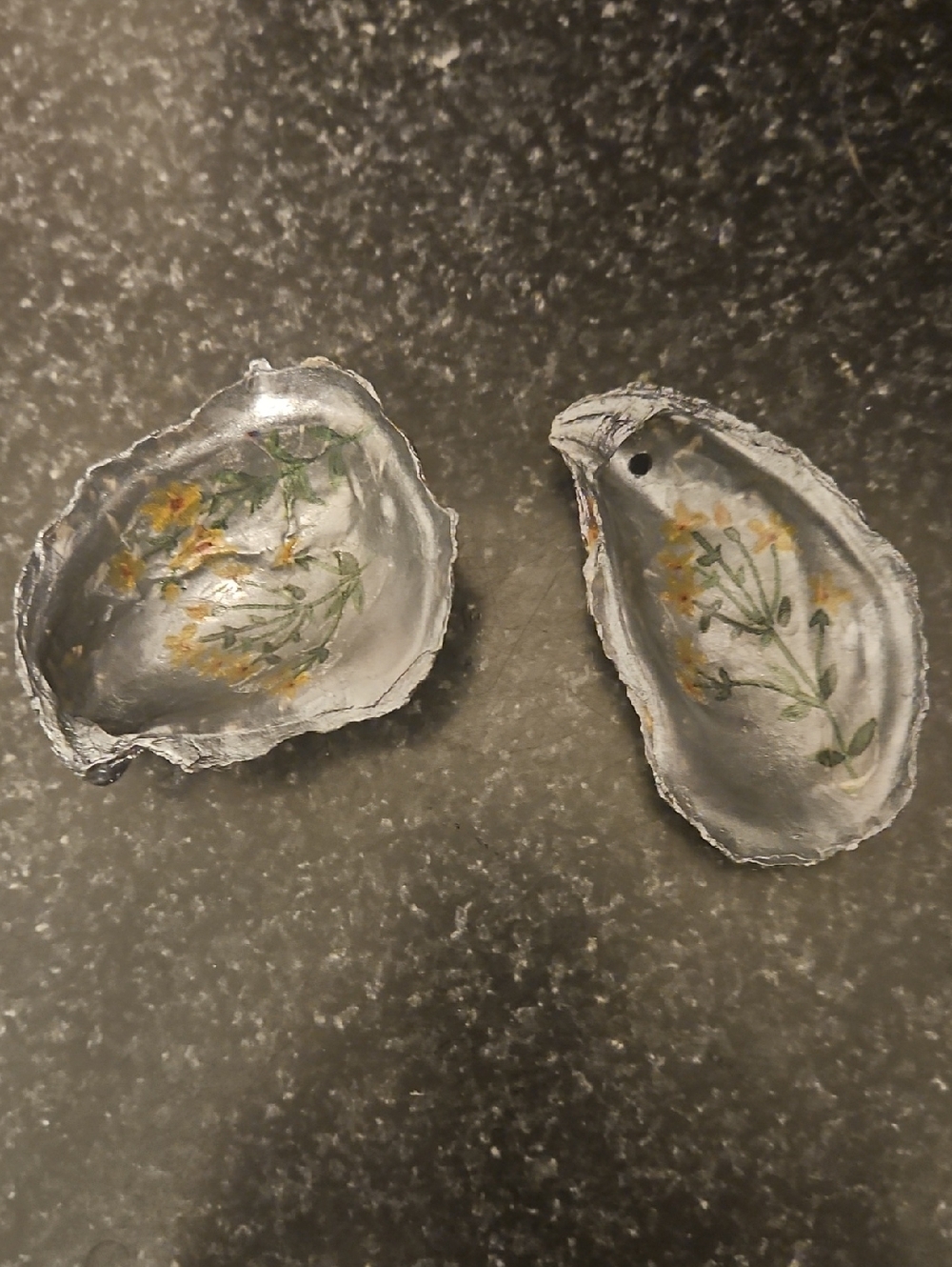 Handmade Floral Decoupaged Oyster Shell Bowls / Ornament/ Painted Silver.